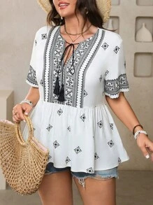 Breezaya Plus Size Front-Tie Short Sleeve Casual Pullover Shirt