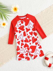 SHEIN Baby Girls' Heart Print Zip-Up Half Front Snap Long Sleeve Casual Swimsuit With Shorts - Multicolor - View 1