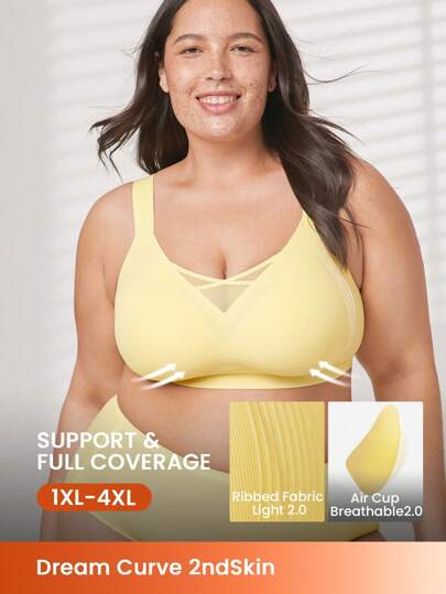 LUVLETTE Sujetador deportivo sin costuras, con cobertura total, con soporte lateral y cuello en V, para uso como ropa exterior, de color amarillo mantequilla, sin marcas, talla libre, de la colección Plus Dream Curve 2ndSkin