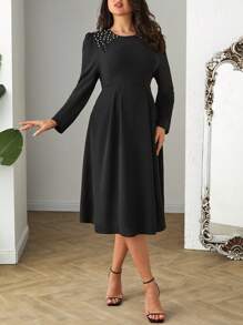 SHEIN Cottnline PLUS ELEGANT LONG SLEEVE PEARL BEADED DRESS - Black - View 4