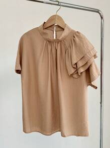 SHEIN Clasi 女士条纹印花褶饰抽绳衬衫 - 卡其色 - 查看 1