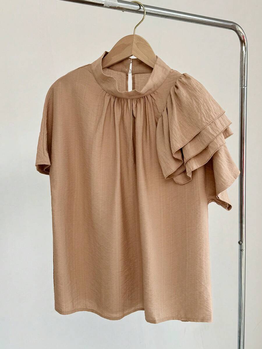 SHEIN Clasi 女士条纹印花褶饰抽绳衬衫 - 卡其色 - 查看 1