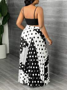 Slaydiva Plus Size Women Elegant & Party Wear Vintage Style Solid Black Twist Knot Cami Top With Dotted Pleated Skirt Set - C - Black and White - View 2