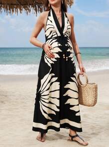 SHEIN 孕妇装热带印花露背吊带连衣裙，夏季教师装 - 黑色 - 查看 6