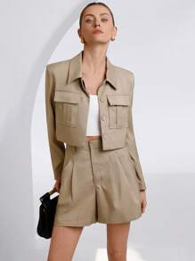 Aveloria Modichic 2 Pieces Set: College Style Long Sleeve Utility Jacket With Button Lapel Collar And Shorts For Women Fall Cloth For Women - Khaki - View 6