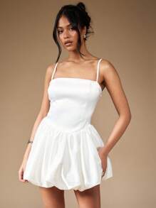 MISSGUIDED Satin Puffball Mini Dress With Back Bow Cute Sundress - White - View 5