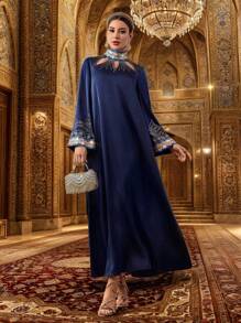 Al Najma 女士优雅闪亮水钻喇叭袖阿拉伯风格连衣裙 - 藏蓝色 - 查看 3