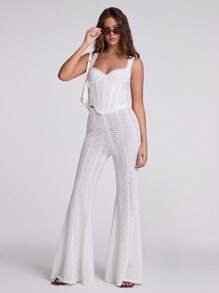 SHEIN BAE Women's White Lace Flare Pants/Trousers, Sexy Sheer Boho Style For Beach Vacation, Party, Music Festival, Summer - White - View 1