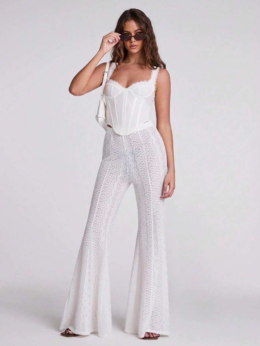 SHEIN BAE Women's White Lace Flare Pants/Trousers, Sexy Sheer Boho Style For Beach Vacation, Party, Music Festival, Summer - White - View 1