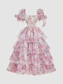 SHEIN MOD Apricot & Pink Floral Print Dreamy Romantic Elegant Organza Dress With Layered Ruffle Hem And Bow Accent, Suitable For Dates, Parties, Holidays, Teas, Birthday, Summer Outfits For Women,Romantic Dresses,Beach Outfits For Woman,Wedding Guest Dress Women,Concert Outfit Women,Rave Outfits Festival, Floral Dress For Women, Elegant Dresses For Women, Holiday Dresses For Women