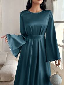 Al Najma Women's Elegant Solid Color Flare Sleeve Long Dress, Spring/Summer, Modest Elegant A Line Arabian Dresses, For Evening Party/Wedding Guest/Anniversary/Daily Wear