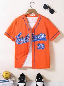 Tween Boy Casual Sports Letter Graphic Baseball Collar Short Sleeve Shirt, Suitable For Commuting, School, Everyday Wear, Sports, Spring/Summer - Orange - View 2
