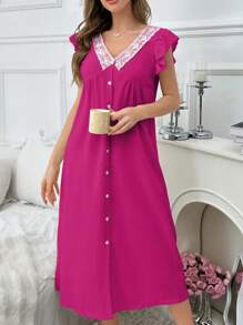 Color Block Lace Patchwork V-Neck Ruffle Sleeve Single-Breasted Chiffon Long Nightgown Babydoll Holiday Season, Moo Moo - Hot Pink - View 5