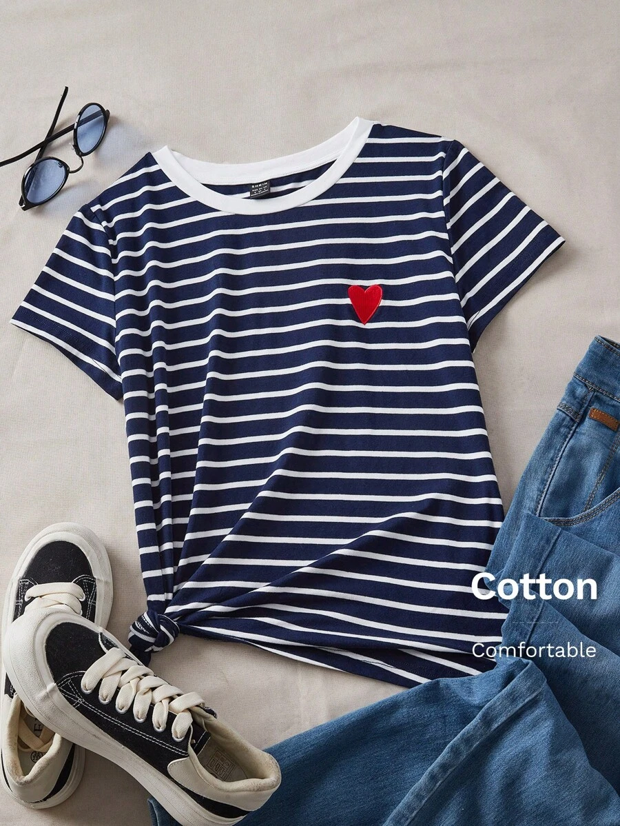 SHEIN EZwear Summer  Outfits Heart Embroidery Striped Tee - Navy Blue - View 1