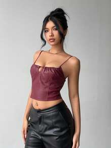 Aloruh Women's Sexy Solid Color Leather Strap Halter Neck Split U-Neck Knit Bodycon Camisole For Spring & Summer - Apricot - View 5