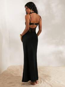 Opulessa Solid Color Woven Contrast Lace Camisole Backless Dress For Women - Black - View 7