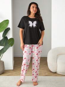 RueChic Women Cotton Plus Size 2 Pcs Contrast Colour Bow Detail Short Sleeve Shirt And Striped&Bow Pattern Detail Sleep Bottom PJ Set - Black - View 4