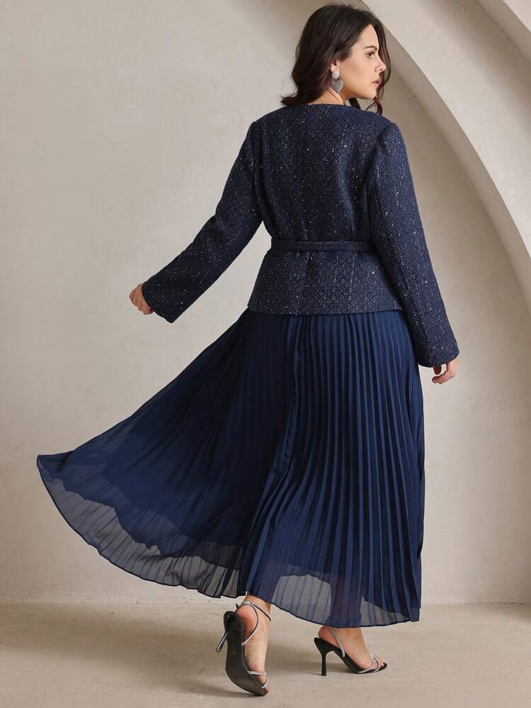 Plus Size Women Elegant Date Night/Party Long Sleeve Patchwork Pleated Faux 2 Pieces Dress