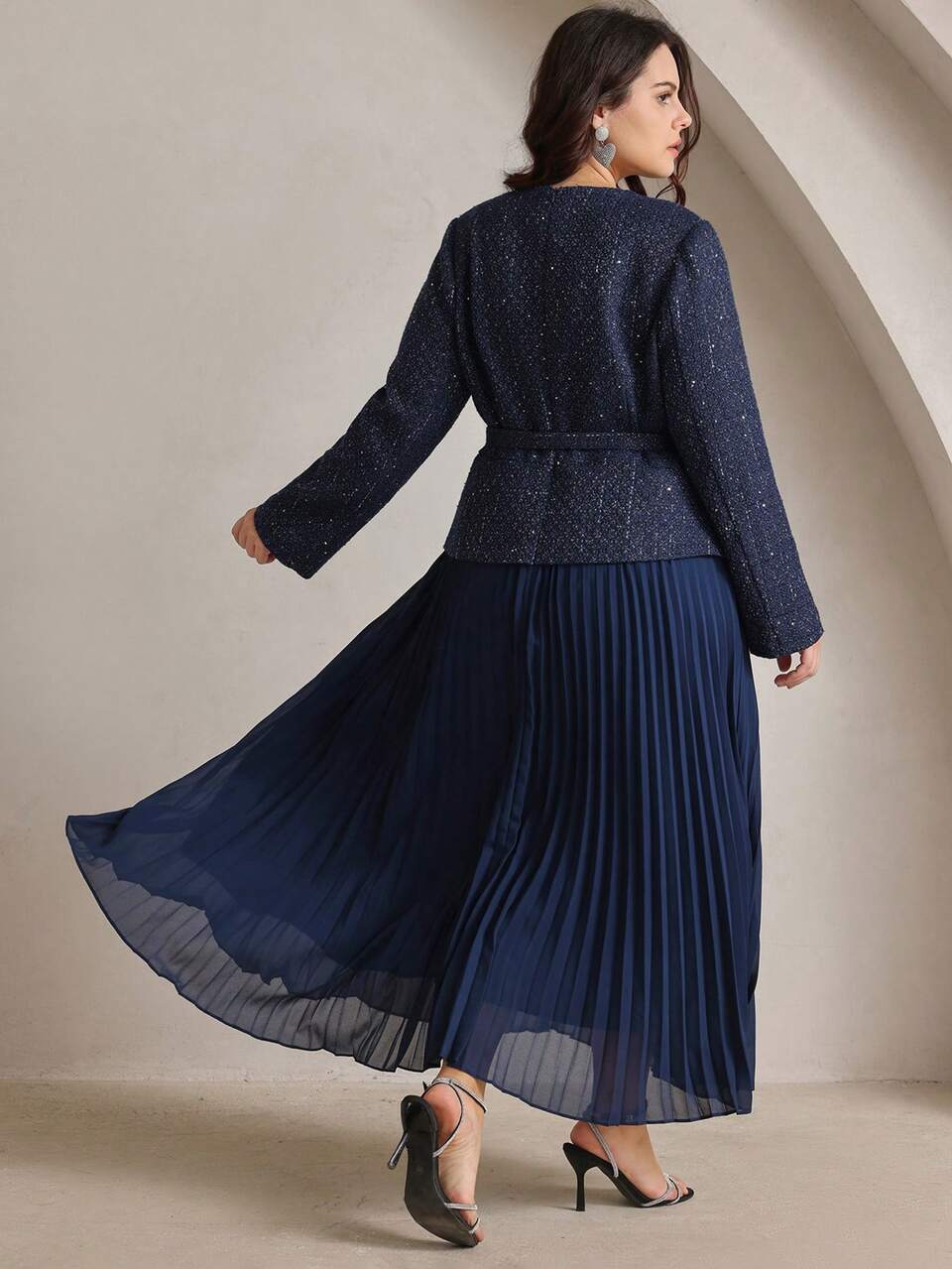 Plus Size Women Elegant Date Night/Party Long Sleeve Patchwork Pleated Faux