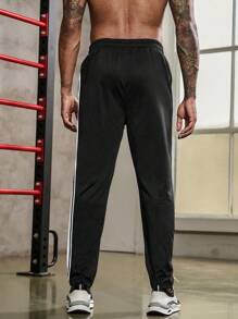 Manfinity Sport Corelite Manfinity New Men's Casual Sports Workout Muscle Fit Elastic Waist Drawstring Pants, Struped Color Contrast.Spring, Suitable For Basketball, Training, Outdoor, Running Sweat Pants - Black - View 2