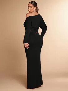 SHEIN BAE 大码女式灰色纯色约会之夜简约优雅舒适不对称领口褶皱上衣和低腰扭结裙优雅女士两件套/秋季两件套/上衣和裙子套装/针织套装