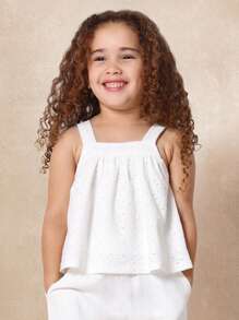 SUMWON 女童夏季英式刺绣背心方领无袖孔眼蕾丝荷叶边儿童休闲公主飘逸现代漂亮上衣，非常适合春假海滩派对日常穿着