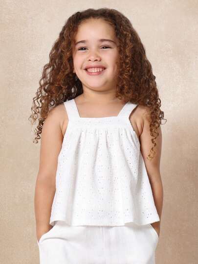 SUMWON 女童夏季英式刺绣背心方领无袖孔眼蕾丝荷叶边儿童休闲公主飘逸现代漂亮上衣，非常适合春假海滩派对日常穿着