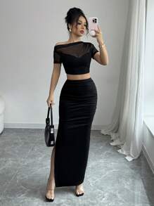 Gloray 2pcs/Set Women's Black Sexy Asymmetric Shoulder Pleated Mesh Crop Top And High Slit Maxi Skirt Outfit - Black - View 7