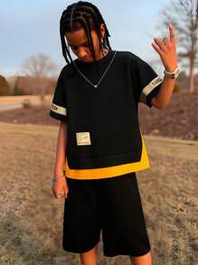 SHEIN Tween Boy Letter Graphic Drop Shoulder 2 In 1 Tee & Shorts - Black - View 1