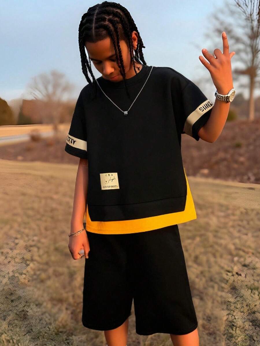 SHEIN Tween Boy Letter Graphic Drop Shoulder 2 In 1 Tee & Shorts - Black - View 1