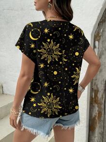Glamance Carolina Leite Blusas negras para mujeres de manga corta, cuello redondo, casual llano, con estampados de plantas, estampado total, galaxia - Conjuntos de verano para mujeres, blusas de verano para salir