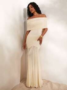 Opulessa 夏季海滩 Fairycore 婚礼女士纯色针织网眼露肩修身美人鱼礼服，白色毕业礼服 - 杏色 - 查看 3