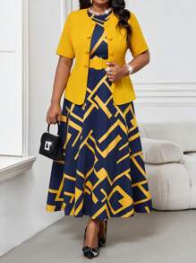 SHEIN Lady Plus Size Contrast Color Geometric Print Skirt Teacher Clothing Set Women's Two Pieces Summer Women's Suit Valentine's Day Vacation Outfits Woman New Year Party Sundress Lounge Sets For Women Church Clothes Women Spring Outfits For Women