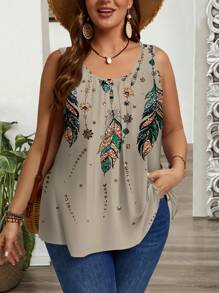 EMERY ROSE 加大码褶皱宽松羽毛印花背心，适合春夏季 - 杏色 - 查看 4