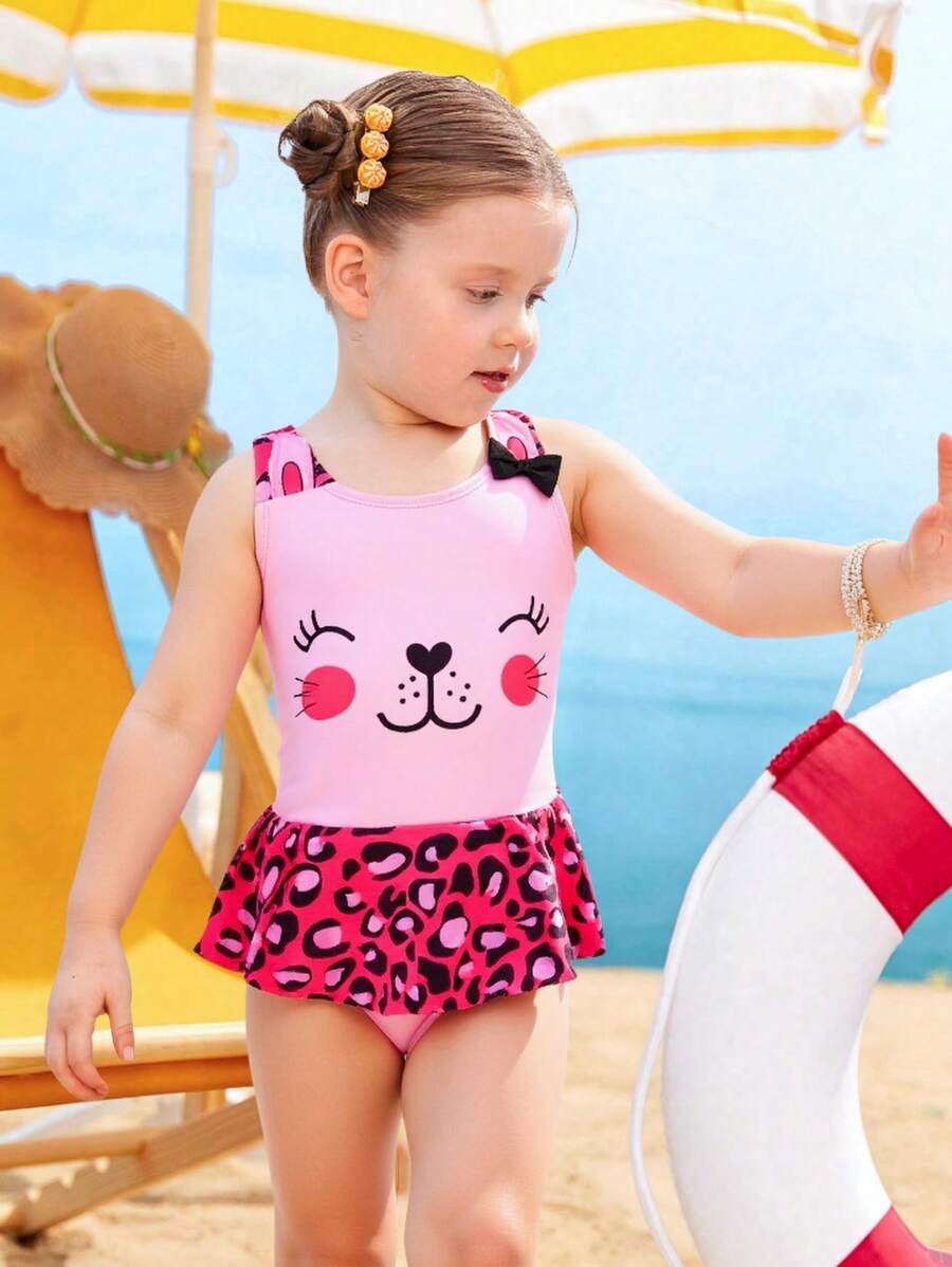Young Girl Cute Cartoon Leopard Print Ruffles One Piece Swimsuit,Easter Swimsuit, - Pink - View 1