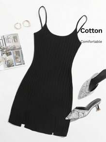 SHEIN EZwear Ribbed Cami M-Slit Bodycon Mini Dress - Black - View 7