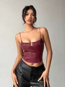 Aloruh Women's Sexy Solid Color Leather Strap Halter Neck Split U-Neck Knit Bodycon Camisole For Spring & Summer - Apricot - View 1