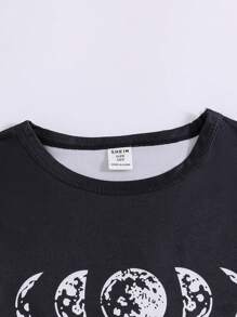 2pcs/Set Tween Boysoys Casual Funny Graphic Print Round Neck Short Sleeve T-Shirt And Pants Home Outfit - Black - View 4