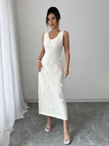 Chiquease Women's Spring/Summer V-Neck Sleeveless 3D Floral Sexy Versatile Fashion Knit Dress - Apricot - View 5