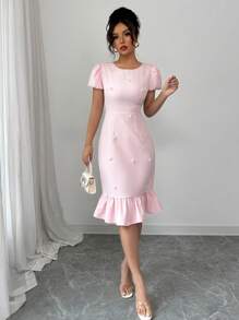 Elenzga Vestido elegante con cuello redondo, mangas abullonadas, volantes y cintura adornada con cuentas para mujeres de talla estándar