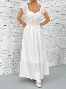 SHEIN EZwear Vestido largo casual de manga corta con corbata a la cintura para mujer, ideal para vacaciones