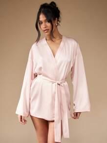 MISSGUIDED Luxurious Bridal Wedding Morning Robe Satin Rhinestone Bridesmaid Getting Ready Kimono Style Wrap Long Sleeve Special Occasion Party Gift - Pink - View 1