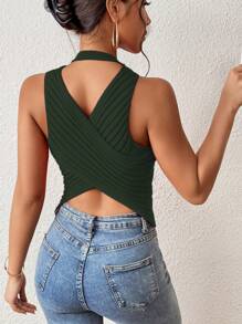Chiquease Solid Color Criss-Cross Back Wrap Sleeveless Knit Top - Army Green - View 5