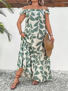 Breezaya Plus Size Leaf Floral Hem Patchwork Off Shoulder Maxi Casual Vacation Dress - Multicolor - View 3