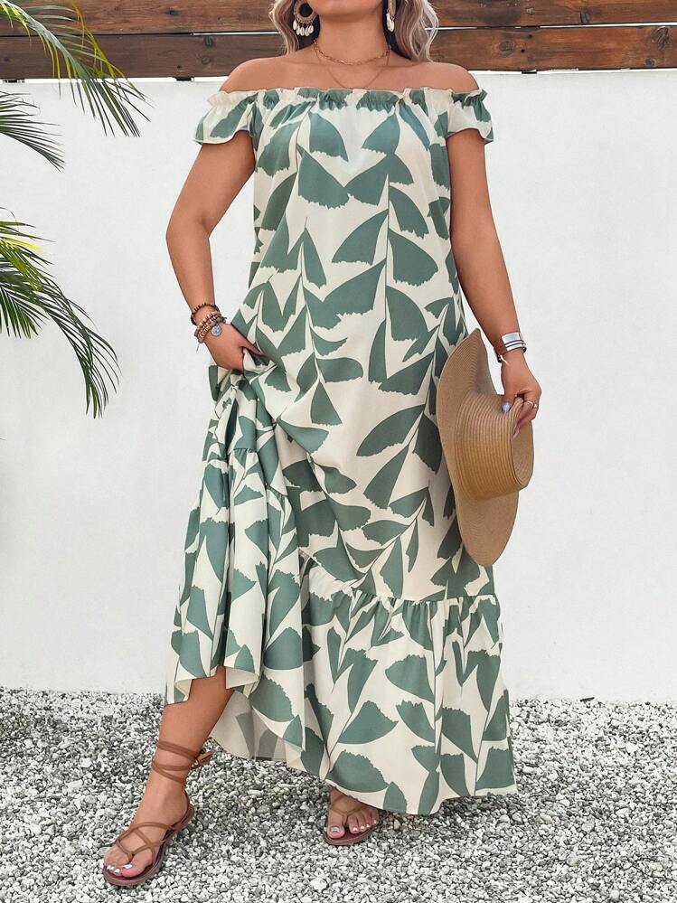 Breezaya Vestido informal de vacaciones de talla grande con escote descubierto, bajo con parches y estampado de hojas y flores - Multicolor - Añade 3