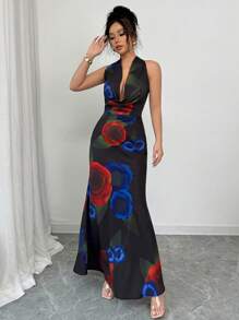 Selianne Elegant Floral Print Halter Dress With Oversized Collar - Multicolor - View 6