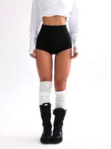 Easithlete Quần short thể thao thể thao cạp cao màu trơn cho nữ - màu đen - Xem 3