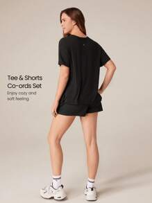 GLOWMODE 2 Pieces  Modal Relaxed Fit Tee & 2.5'' CloudKnit Adjustable Drawstring Waist Shorts With Side Pockets Set Daily Casual Spring Summer - Black - View 2