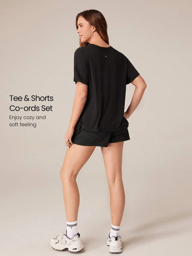 2 Pieces  Modal Relaxed Fit Tee & 2.5'' CloudKnit Adjustable Drawstring Waist Shorts With Side Pockets Set Daily Casual Spring Summer