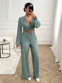 EURMUSE Woman Pleated Texture Fabric Casual 2piece Outfits Co Ords Balloon Sleeve Front Tie Detailed Top And Wide Leg Bottom - Mint Green - View 2